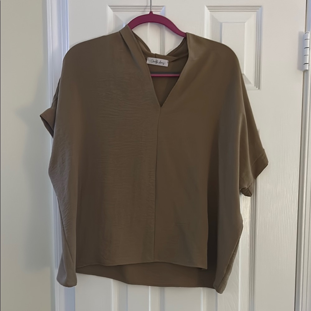 Olivia Sky Brown Dolman Sleeve Blouse with Mandarin Collar